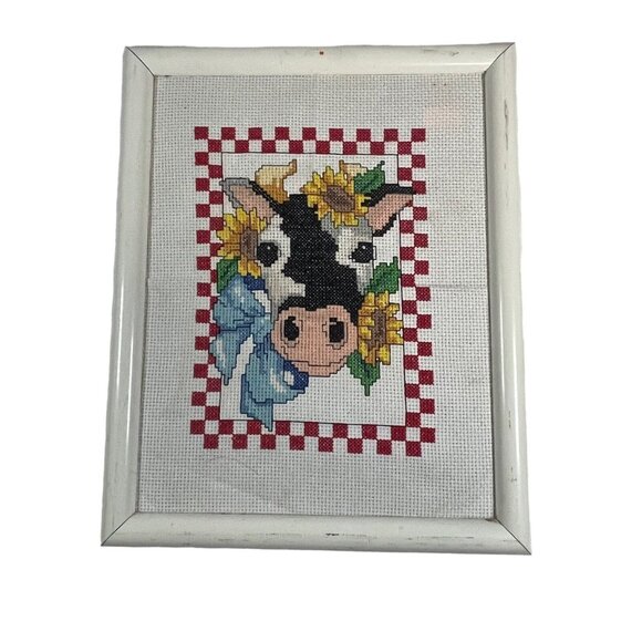 Unbranded Other - Vintage Cow w/ Sunflowers Framed Cross Stitch 8x10 Country Cottage core Kitchen